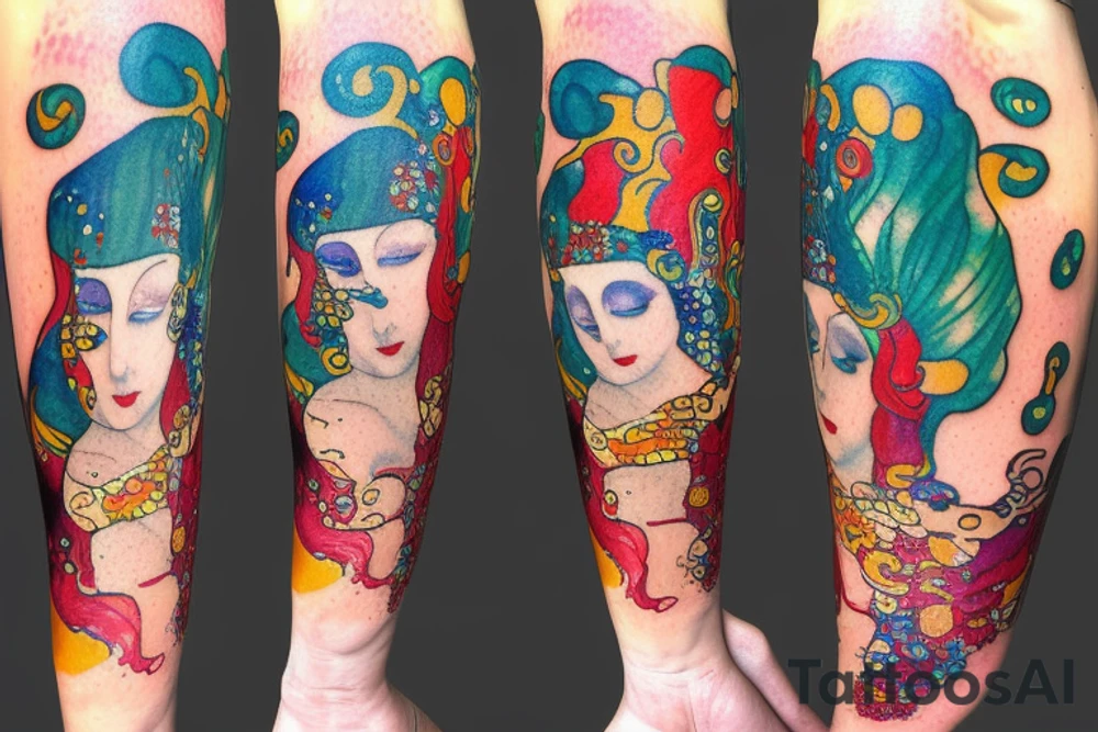Small forearm watercolor mermaids inspired gustav klimt tattoo idea