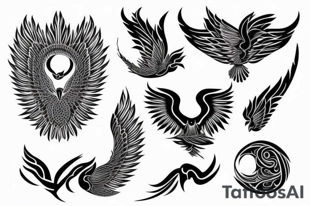 Geometric phoenix with feminine swirls tattoo idea