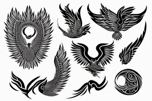 Geometric phoenix with feminine swirls tattoo idea