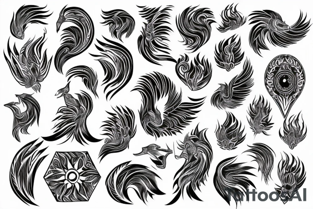 Geometric phoenix with feminine swirls tattoo idea