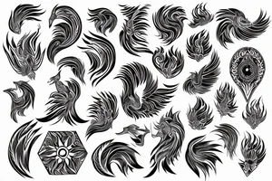 Geometric phoenix with feminine swirls tattoo idea