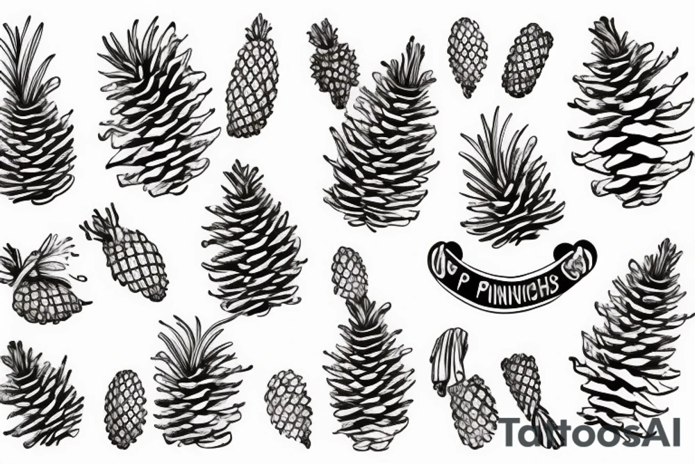 cartoon pinecone with a wide grin and the catchphrase "Pining for laughs" written in a playful font in a contrasting color tattoo idea