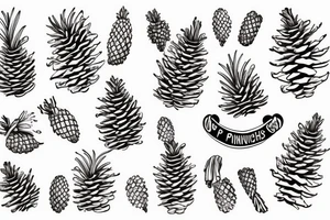 cartoon pinecone with a wide grin and the catchphrase "Pining for laughs" written in a playful font in a contrasting color tattoo idea