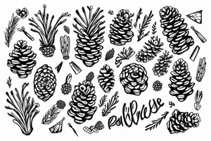 cartoon pinecone with a wide grin and the catchphrase "Pining for laughs" written in a playful font in a contrasting color tattoo idea