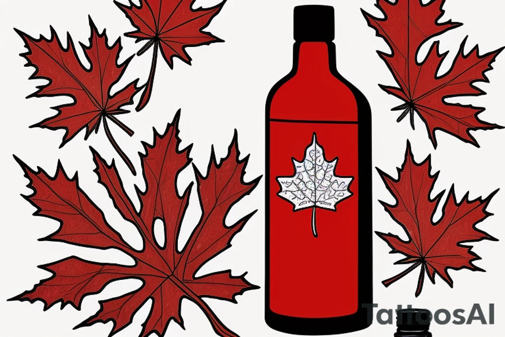 red maple leaf with a bottle of maple syrup tattoo idea