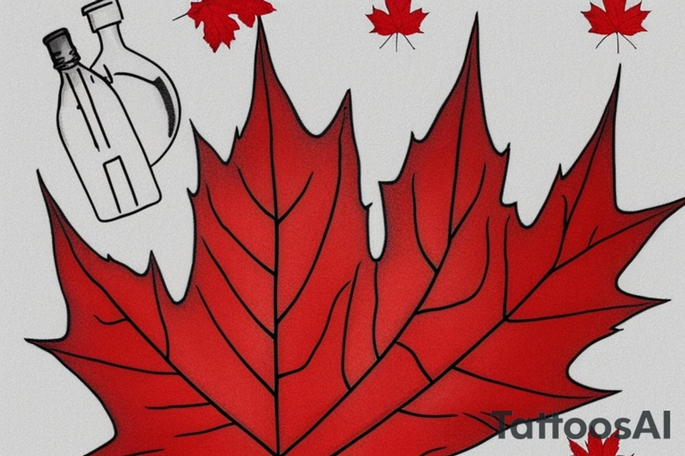 red maple leaf with a bottle of maple syrup tattoo idea