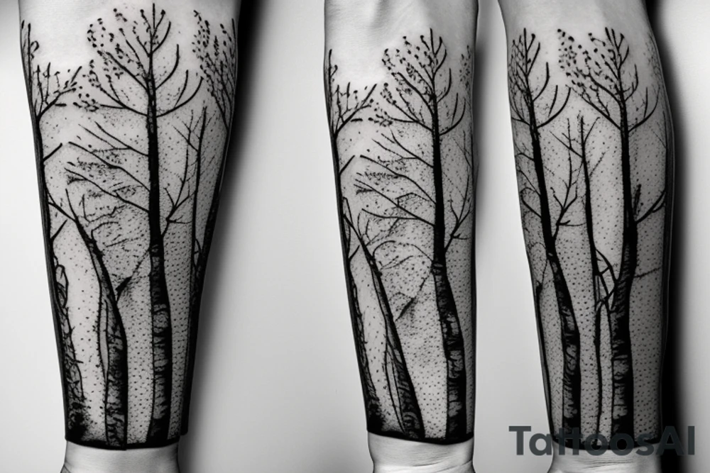 black and white pencil sketch of an aspen tree next to a hiking trail tattoo idea