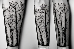 black and white pencil sketch of an aspen tree next to a hiking trail tattoo idea