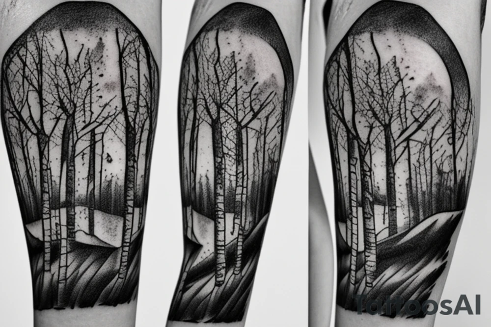 black and white pencil sketch of an aspen tree next to a hiking trail tattoo idea