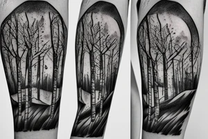 black and white pencil sketch of an aspen tree next to a hiking trail tattoo idea