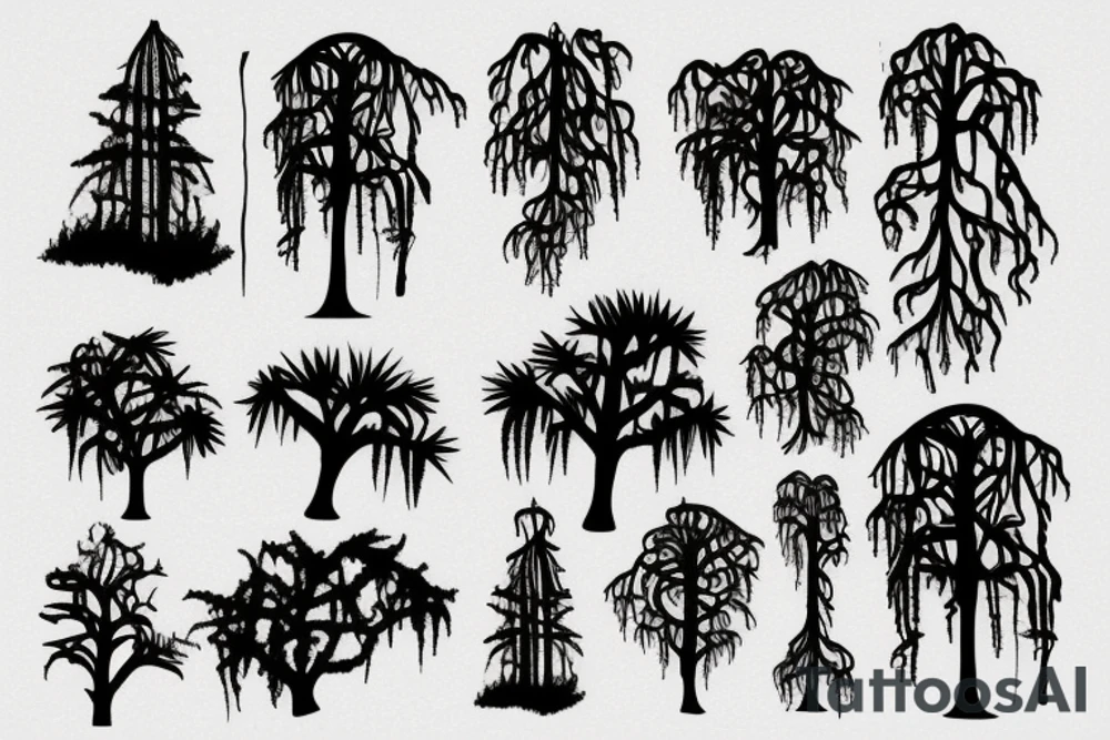 silhouette of a cypress tree with spanish moss hanging tattoo idea