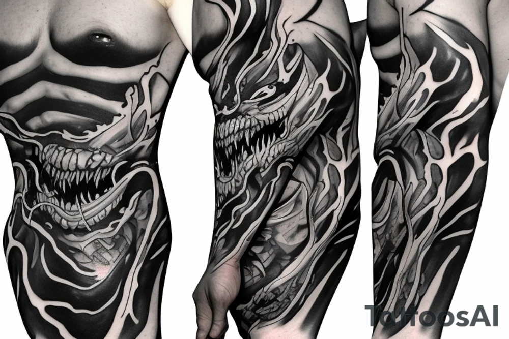 Arm sleeve of venom and anti-venom symbiotes crawling up arm. tattoo idea