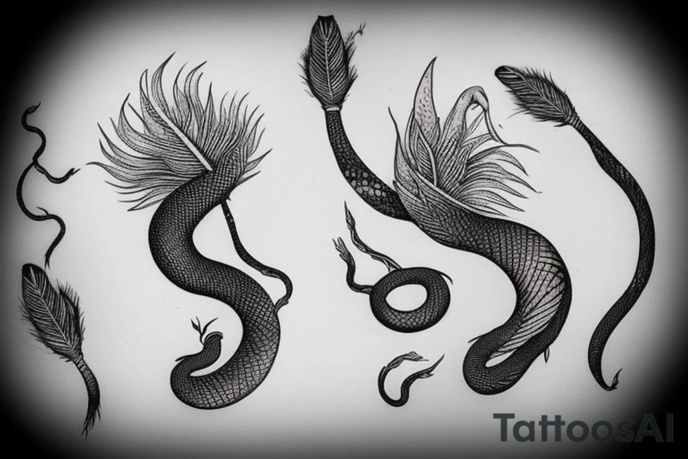 a burning feather in the form of a snake that turns into ashes tattoo idea