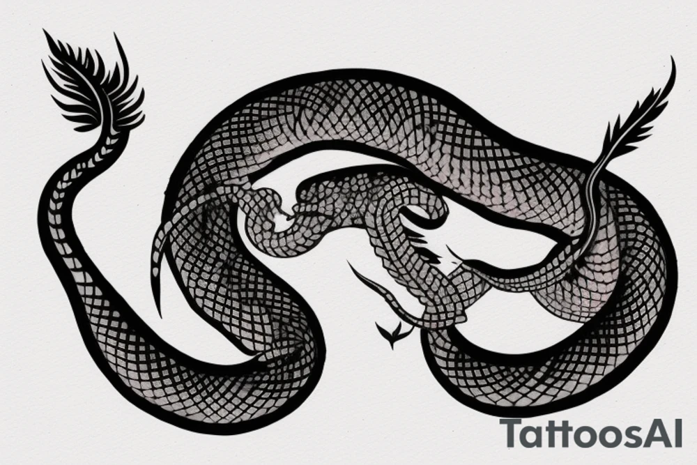 a burning feather in the form of a snake that turns into ashes tattoo idea