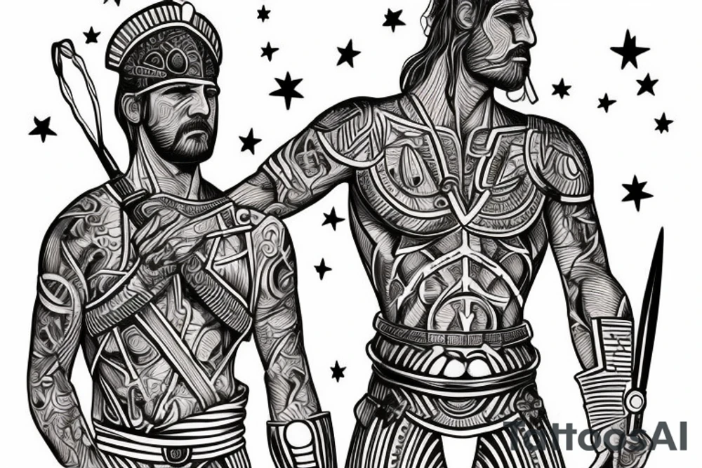 Two Greek warrior standing back to back, constellations above their heads. Incorporate light wave lengths, dna strand tattoo idea