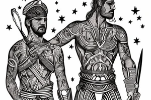 Two Greek warrior standing back to back, constellations above their heads. Incorporate light wave lengths, dna strand tattoo idea