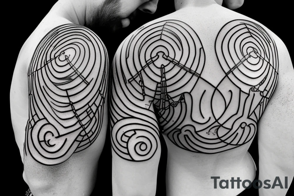 Two Greek warrior standing back to back, constellations above their heads. Incorporate light wave lengths, dna strand tattoo idea