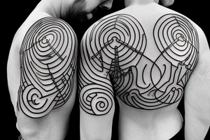 Two Greek warrior standing back to back, constellations above their heads. Incorporate light wave lengths, dna strand tattoo idea