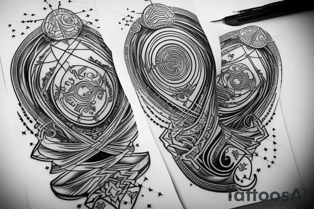 Two Greek warrior standing back to back, constellations above their heads. Incorporate light wave lengths, dna strand tattoo idea
