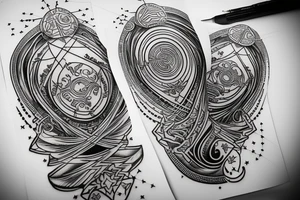 Two Greek warrior standing back to back, constellations above their heads. Incorporate light wave lengths, dna strand tattoo idea