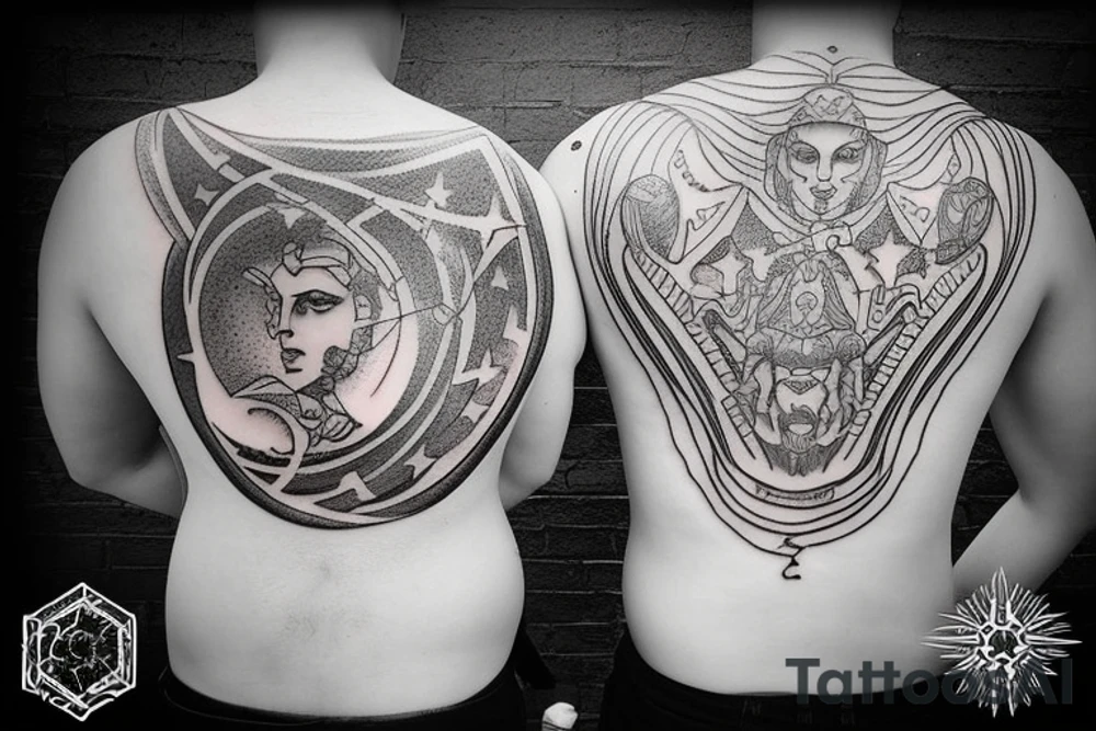 Two Greek warrior standing back to back, constellations above their heads. Incorporate light wave lengths, dna strand tattoo idea