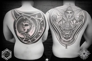 Two Greek warrior standing back to back, constellations above their heads. Incorporate light wave lengths, dna strand tattoo idea