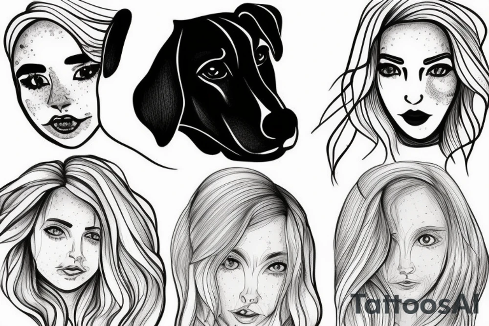 A face where one side is a blonde, freckled girl amd the other half is a black labrador tattoo idea