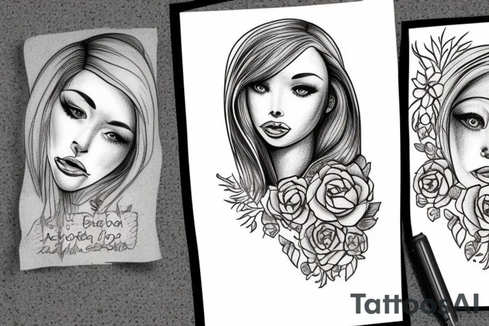 A face where one side is a blonde, freckled girl amd the other half is a black labrador tattoo idea