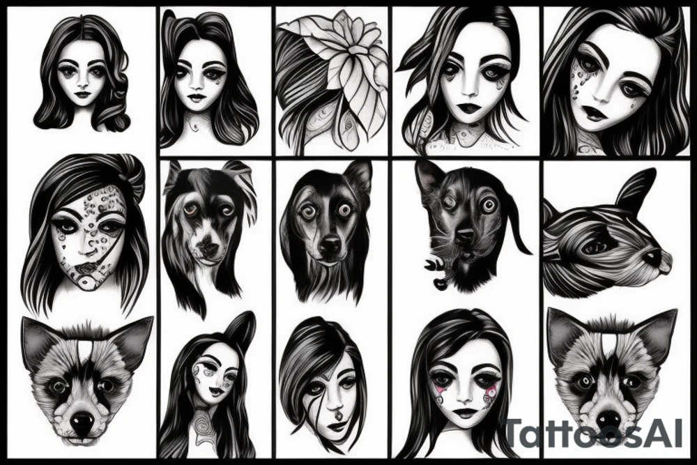 Half face girl and half face dog tattoo idea