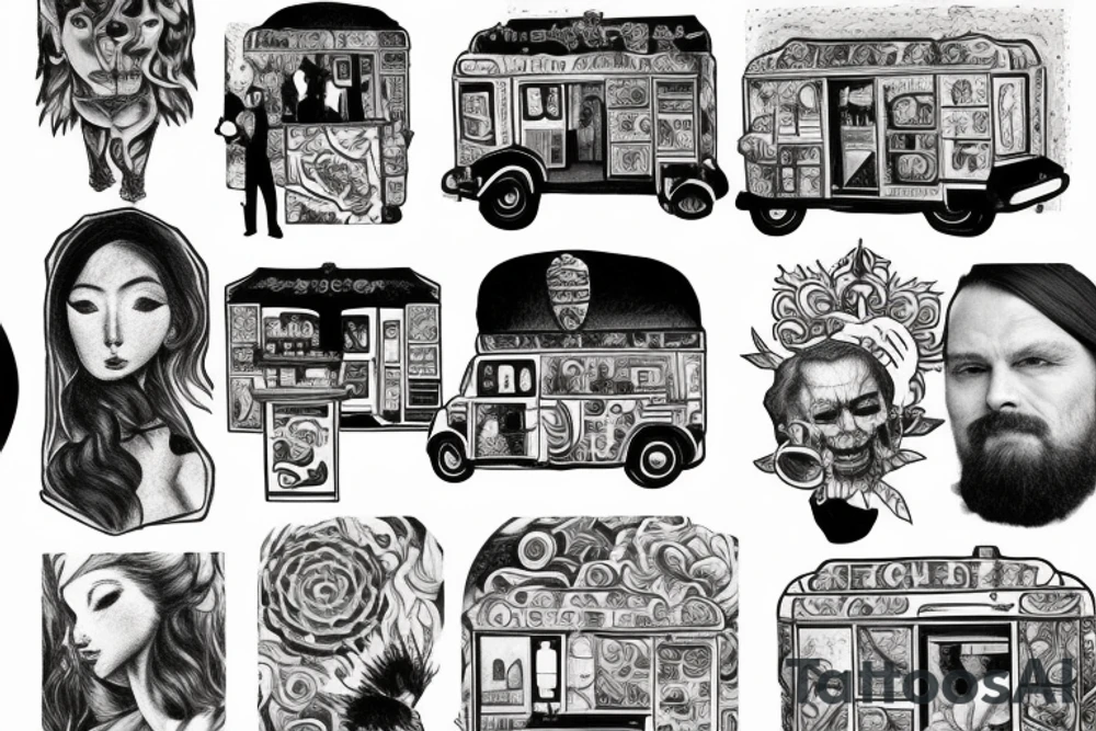 nyc food cart with line of customers tattoo idea