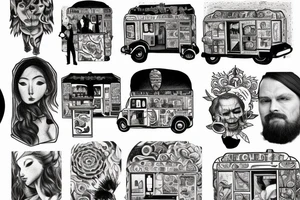 nyc food cart with line of customers tattoo idea