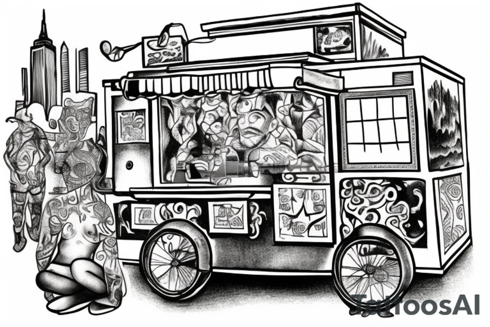 nyc food cart with line of customers tattoo idea