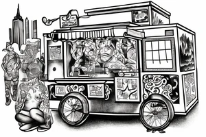 nyc food cart with line of customers tattoo idea