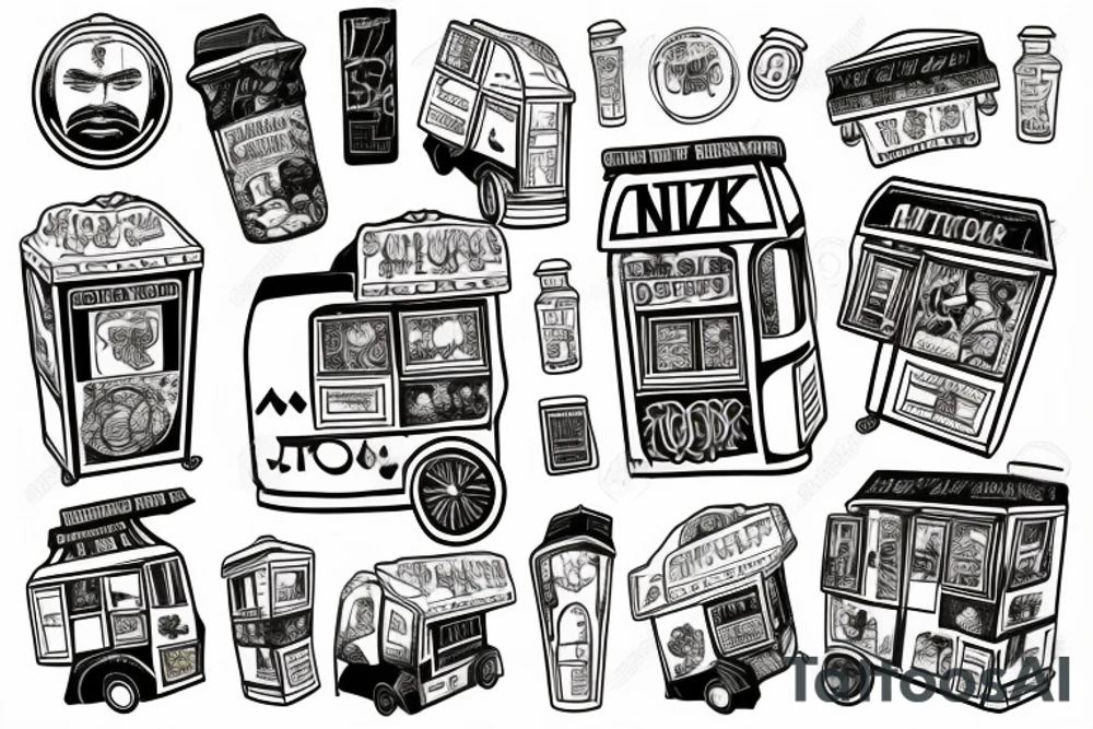 nyc food cart with line of customers tattoo idea