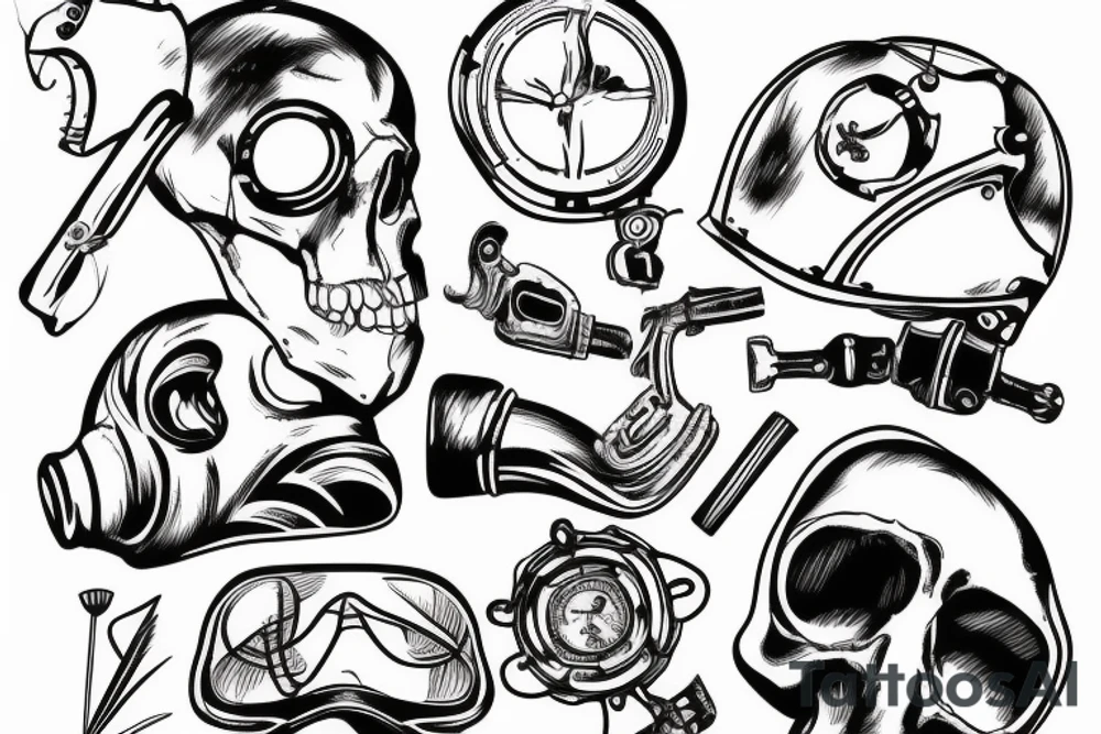 broken diving helmet with skull inside tattoo idea