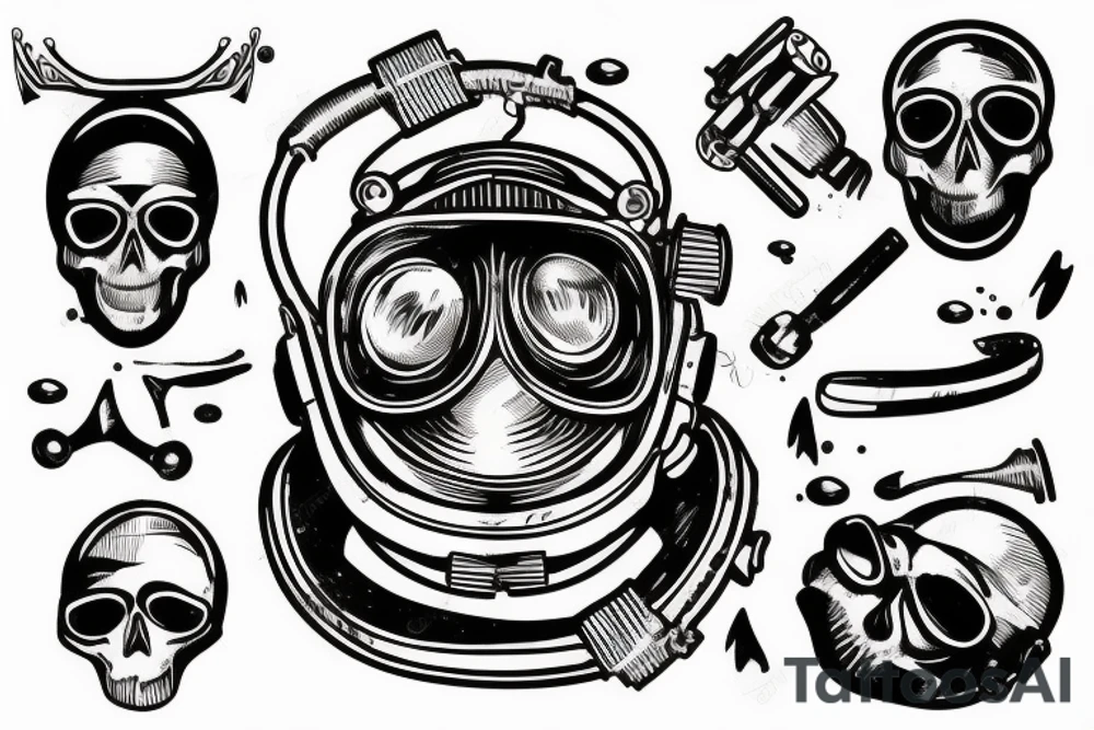 broken  old diving helmet with skull inside tattoo idea