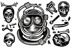 broken  old diving helmet with skull inside tattoo idea