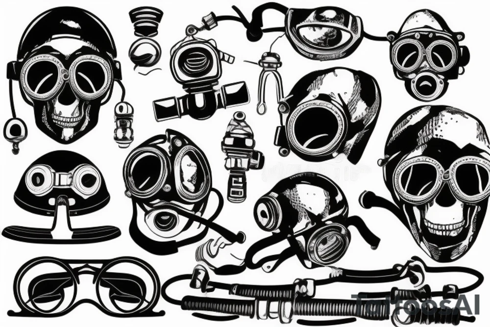 broken  old diving helmet with skull inside tattoo idea