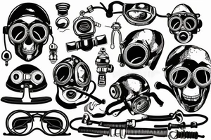 broken  old diving helmet with skull inside tattoo idea