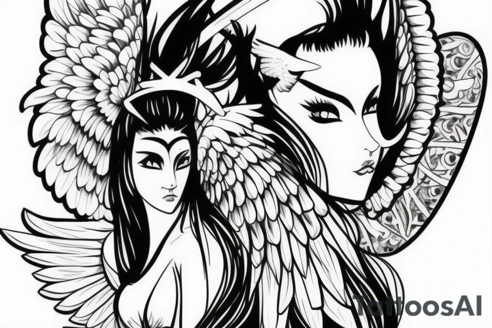girl samurai with angel wings tattoo idea