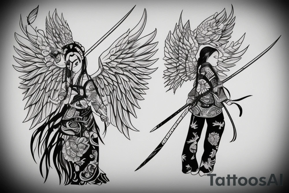 girl samurai with angel wings tattoo idea