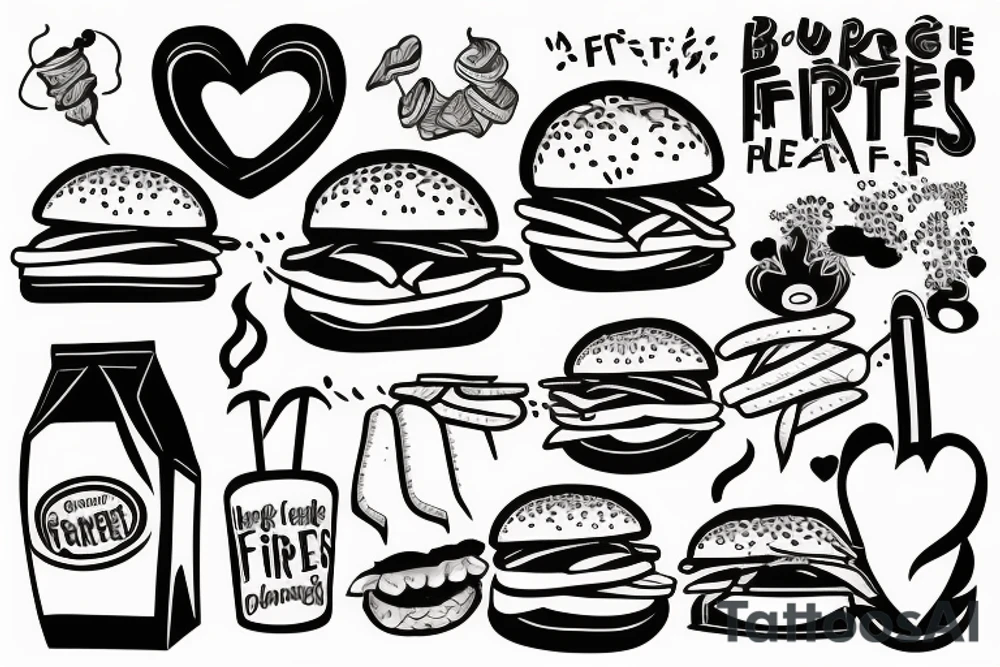 Burger and fries in fire hearts tattoo idea