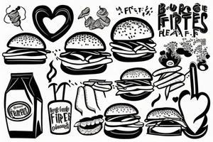 Burger and fries in fire hearts tattoo idea