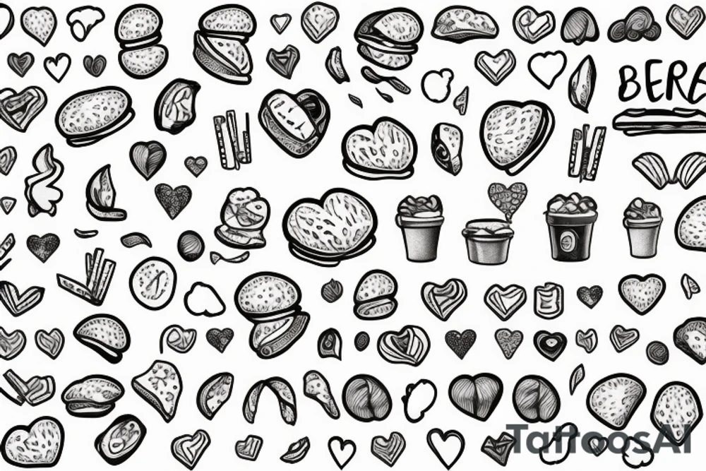 Burger and fries in fire hearts tattoo idea