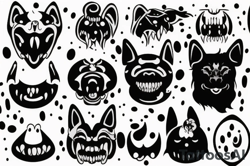 Mythical black dog, big white fangs, white dots over eyes tattoo idea