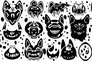 Mythical black dog, big white fangs, white dots over eyes tattoo idea