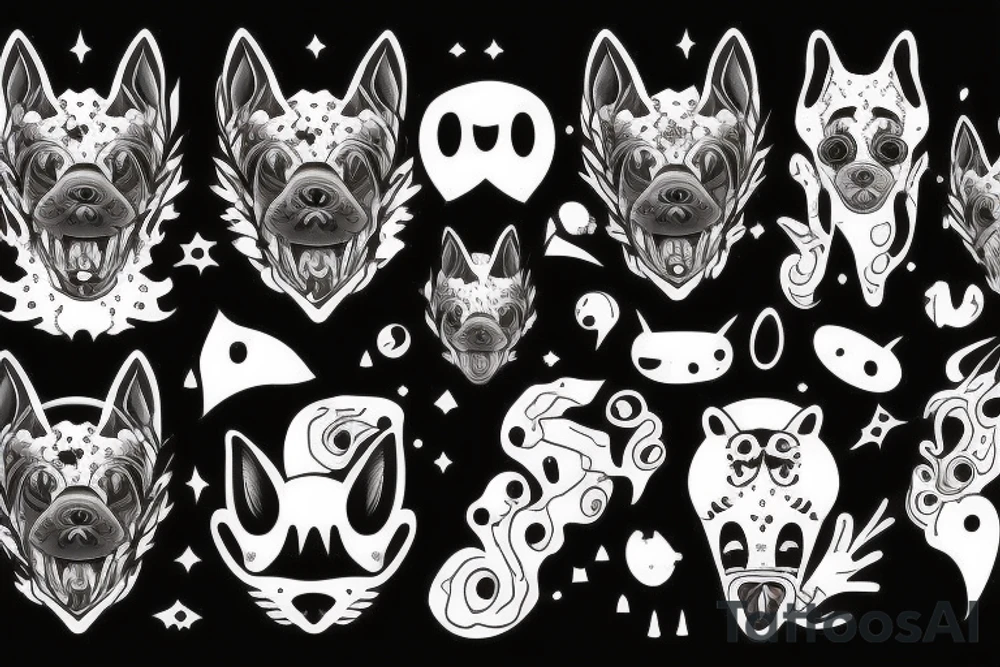 Mythical black dog, big white fangs, white dots over eyes tattoo idea