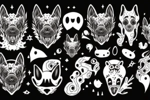 Mythical black dog, big white fangs, white dots over eyes tattoo idea