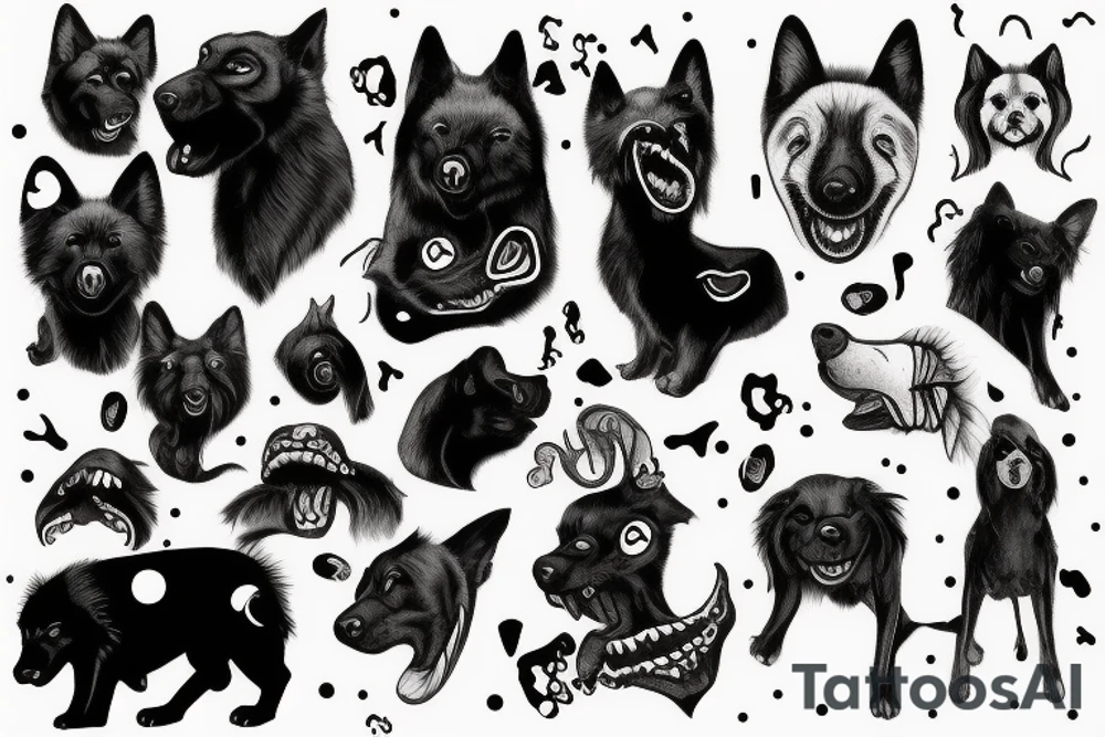 Mythical black dog, big white fangs, white dots over eyes tattoo idea