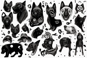 Mythical black dog, big white fangs, white dots over eyes tattoo idea
